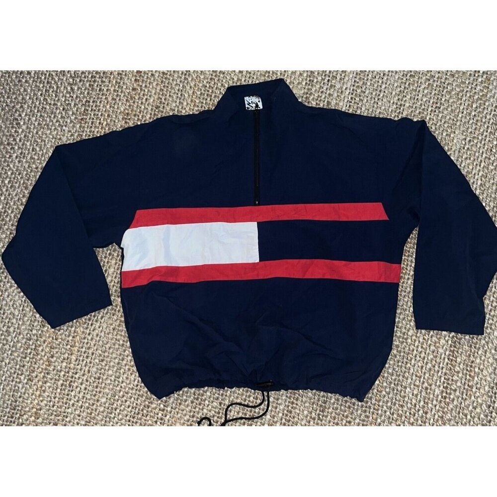 Vintage Surf Style Windbreaker Navy W/ Red & White Color Block Mens Size L / XL